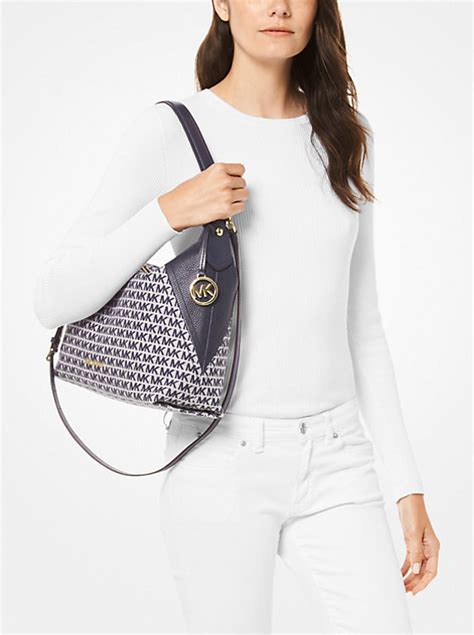 michael kors aria navy|Aria Large Logo Jacquard Shoulder Bag .